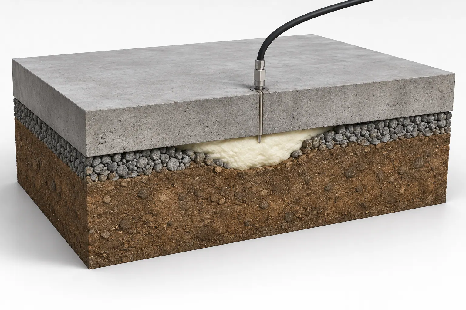 Concept illustration: foam injected through a slab to fill a void beneath it