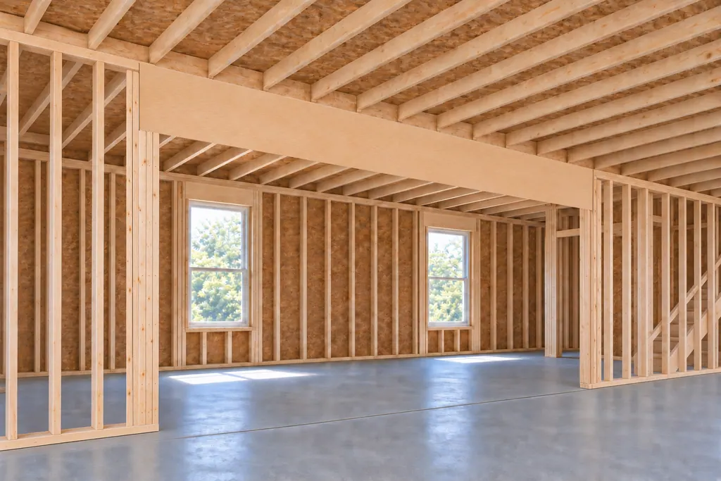 Concept illustration: a wood beam bearing on jack studs and carrying floor joists inside a framed house