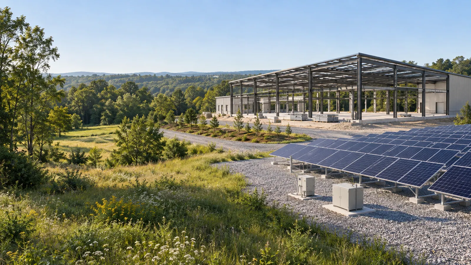Concept illustration: a steel-framed building under construction beside a ground-mounted solar array
