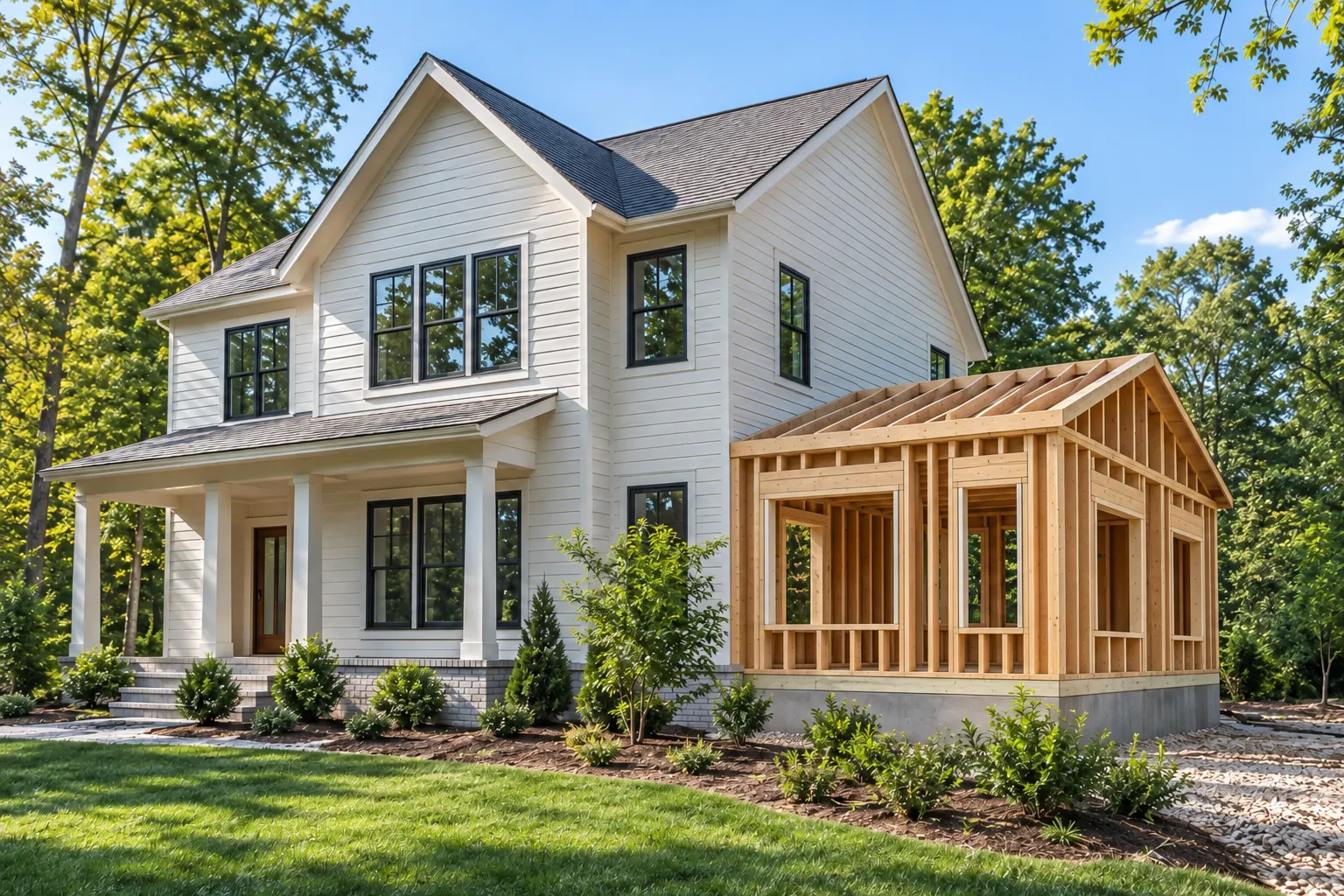 Concept illustration: a two-story house with a framed addition under construction