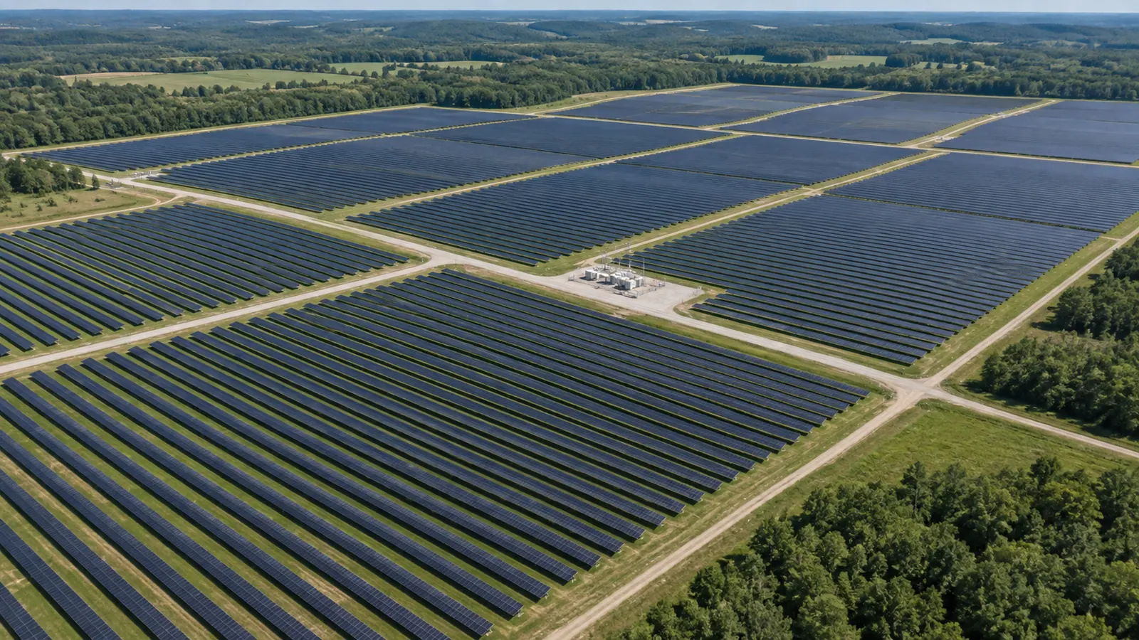 Concept illustration: aerial view of a utility-scale solar farm